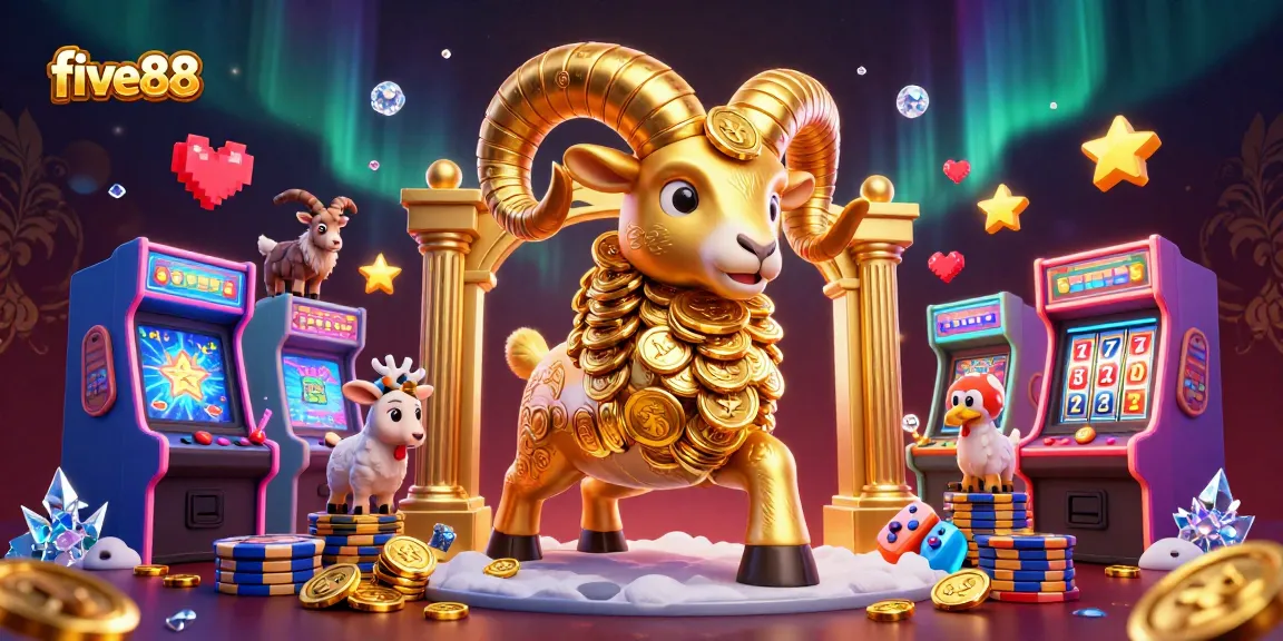Experience thrilling gameplay at five88 with a golden ram charging towards a golden gate amid vibrant casino elements.