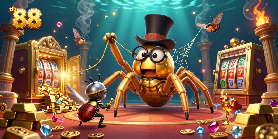 Experience the excitement of da 88 with a vibrant 3D illustration featuring a golden tarantula, beetle knight, and casino elements.