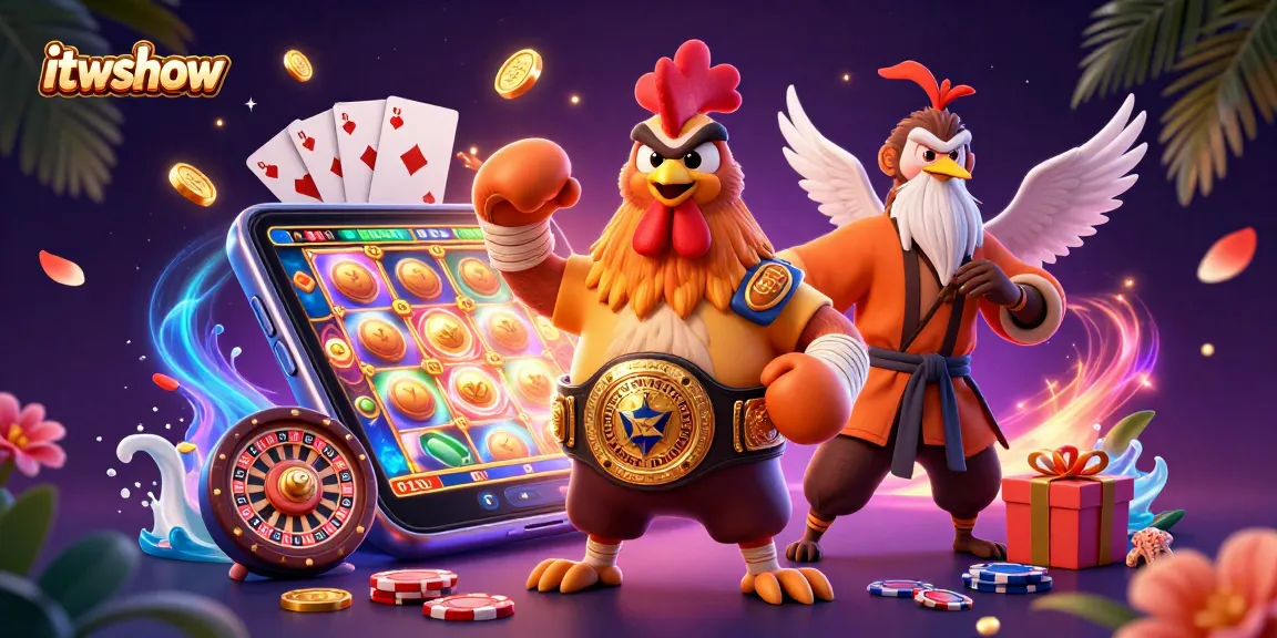 Win big at itwshow with a vibrant 3D scene showcasing casino characters and playful game elements.