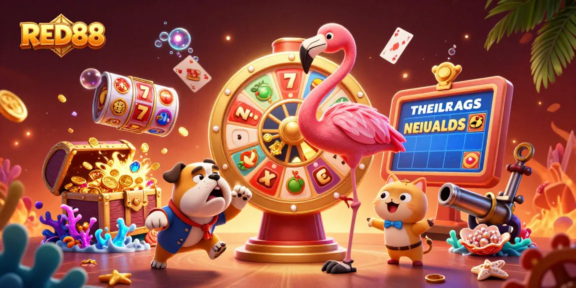 Engage with RED88 at a colorful, high-energy casino scene featuring vibrant characters and exciting game elements.