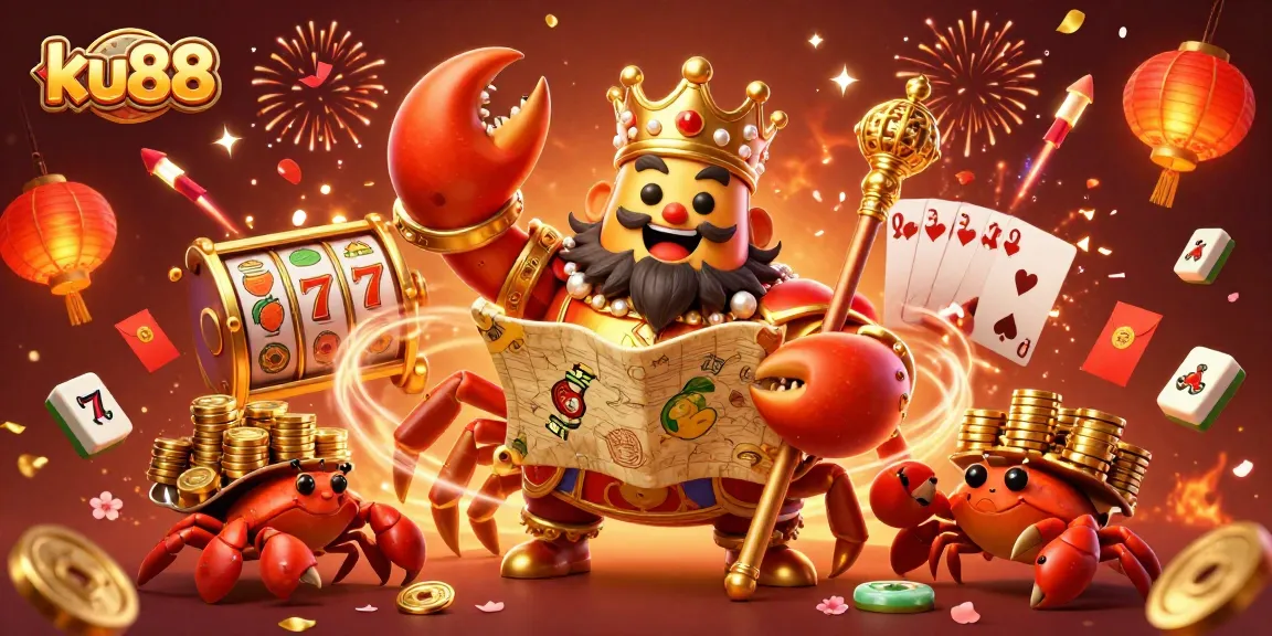 Play slots at ku88 with a golden crab emperor guiding fortune amid vibrant celebrations.