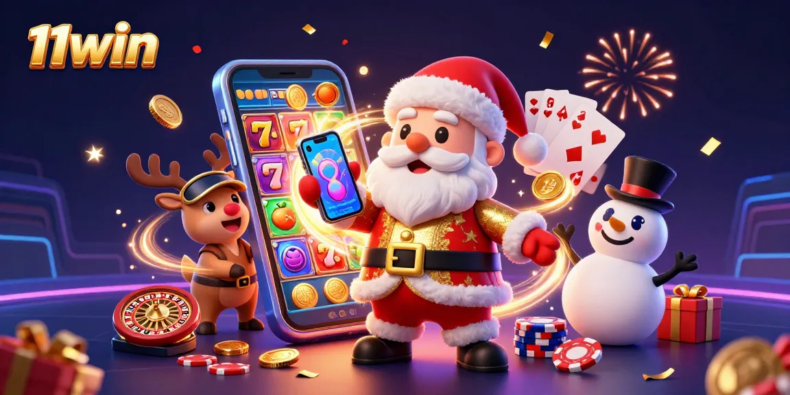 Win big with 11win! A lively casino-themed scene featuring Santa and friends.