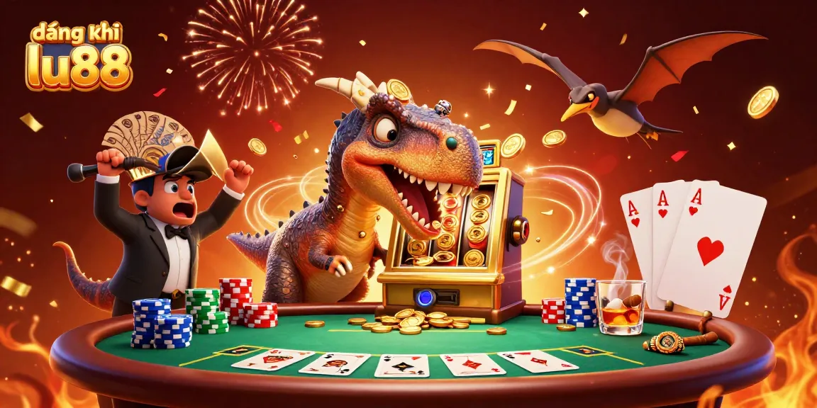 Engaging scene featuring đăng ký lu88 as a cartoon dinosaur interacts with a slot machine and flying coins.