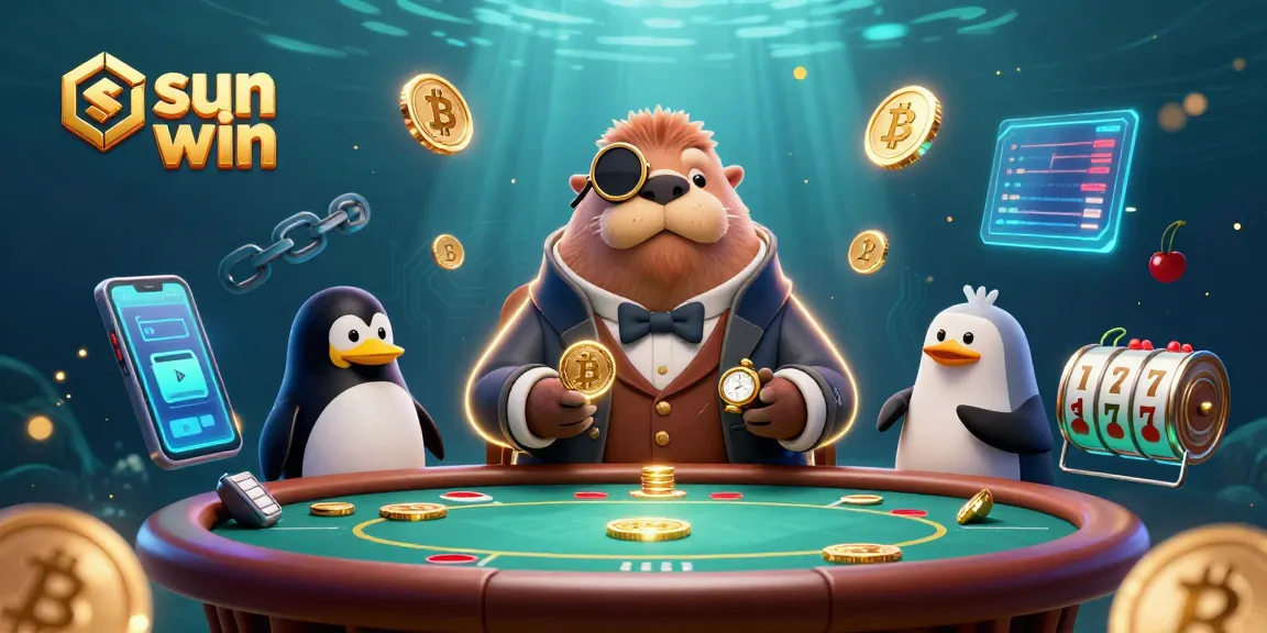 Experience the thrill of poker with sun win as the walrus plays against friends in a vibrant underwater scene.