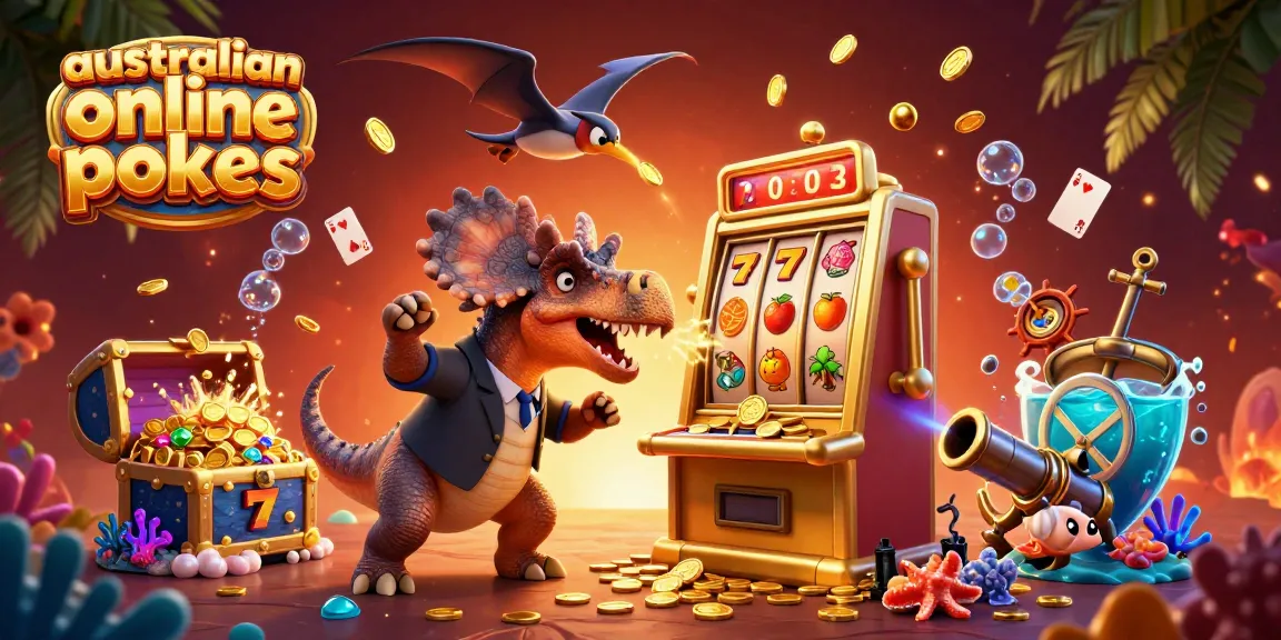 Australian online pokies scene with cartoon dinosaurs and golden coins flying around a slot machine.