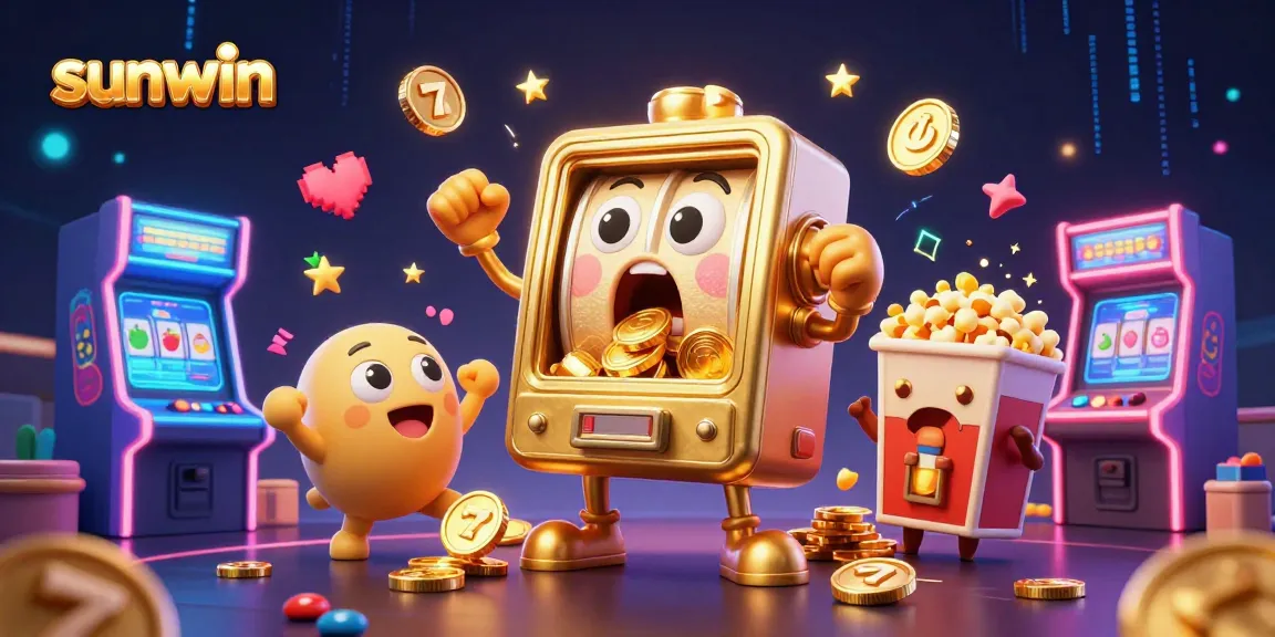 Sunwin slot machine bursts with coins as mini machines cheer in vibrant casino scene