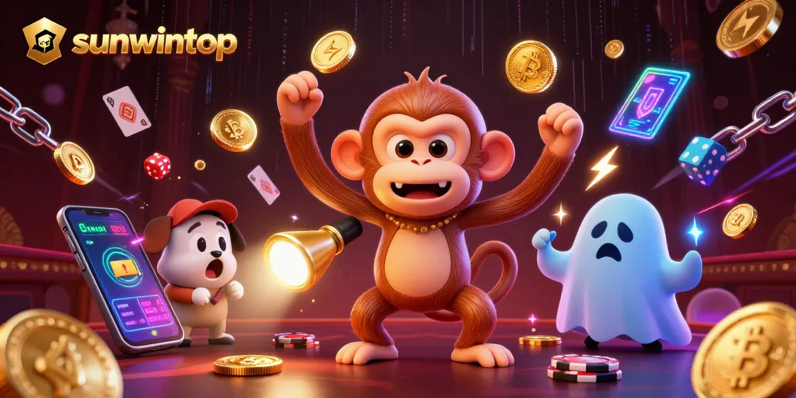 Experience thrilling gameplay at sunwintop with an animated ghost monkey juggling coins in a vibrant casino.