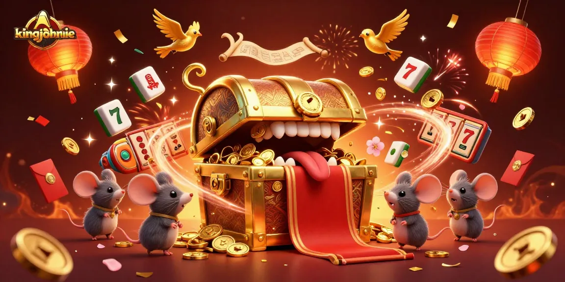 Engage in the excitement of kingjohnnie with a rich treasure chest scene surrounded by vibrant casino elements.