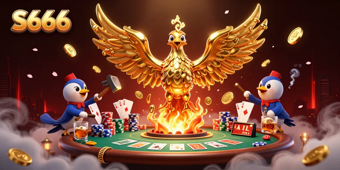 S666 players enjoy thrilling poker hands surrounded by a molten golden phoenix and shimmering coins.